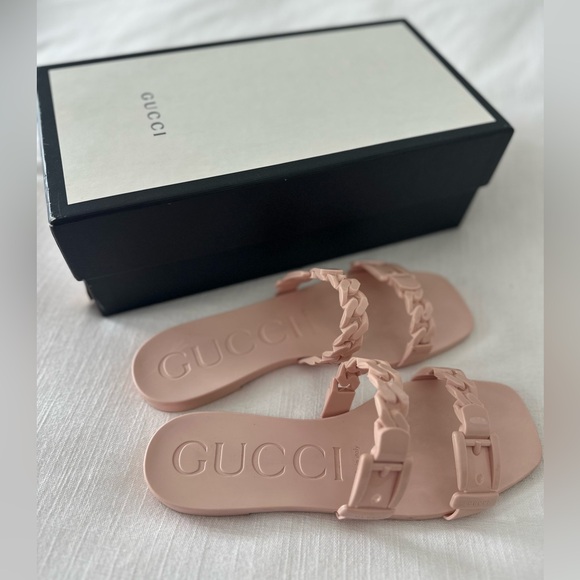 Gucci Shoes - Gucci Pink Rubber Chain-Strap Slide Sandals